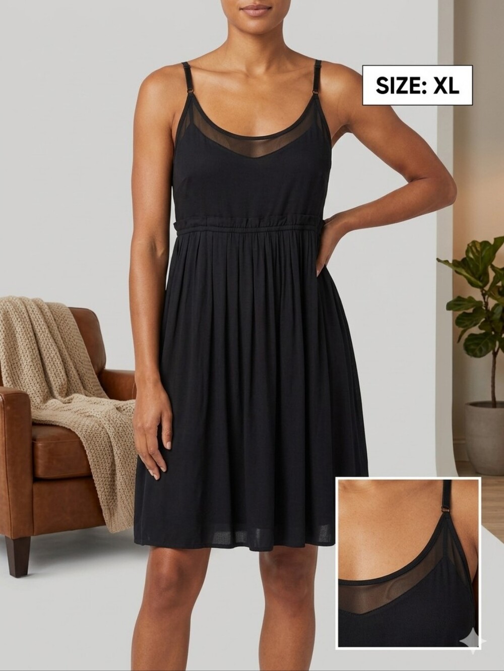 NWT INC Black Empire Waist Babydoll Dress with Sheer Mesh Detail - Size XL
